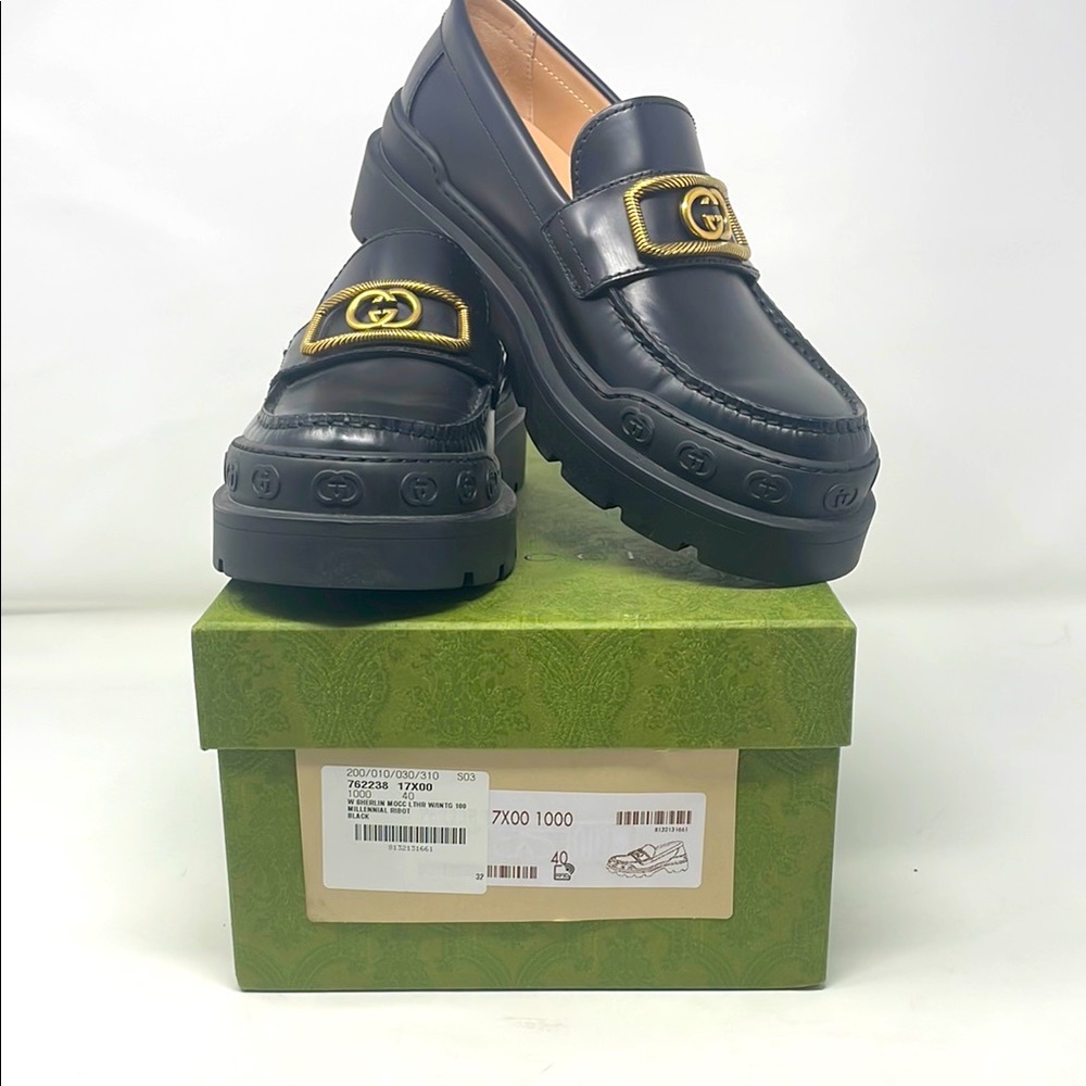 Gucci Sherlin Moccasin Millennial Ribot Black Gold Logo Leather Loafers Size 40